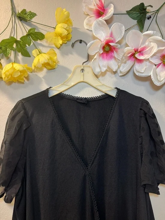 Black Wrap-Front Short Sleeve Blouse - Picture 2 of 7